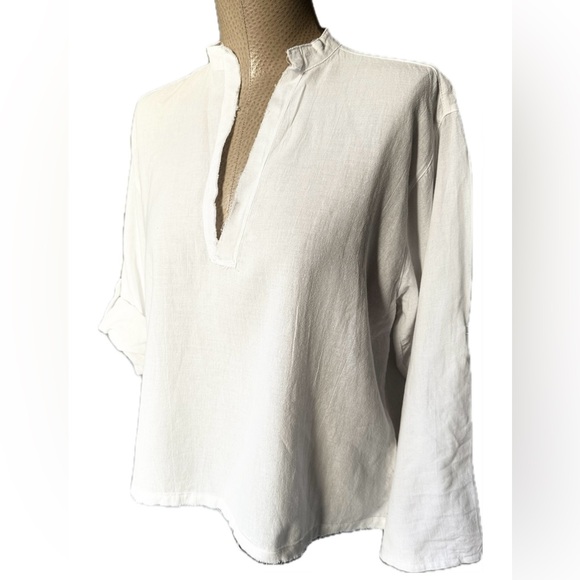 Organic Linen Cotton Blend Boho White Relaxed Fit Shirt | Adjustable Sleeves - Picture 6 of 11